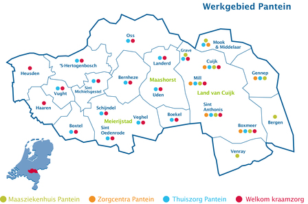 Werkgebied thuiszorg Pantein, Oss, Den Bosch, Heusden, Haaren, Vught, Sint Michielsgestel, Bernheze, Schijndel, Oss, Sint Oedenrode, Veghel, Landerd, Uden, Boekel, Grave, Mill, Cuijk, Mook, Middelaar, Gennep, Boxmeer en Bergen